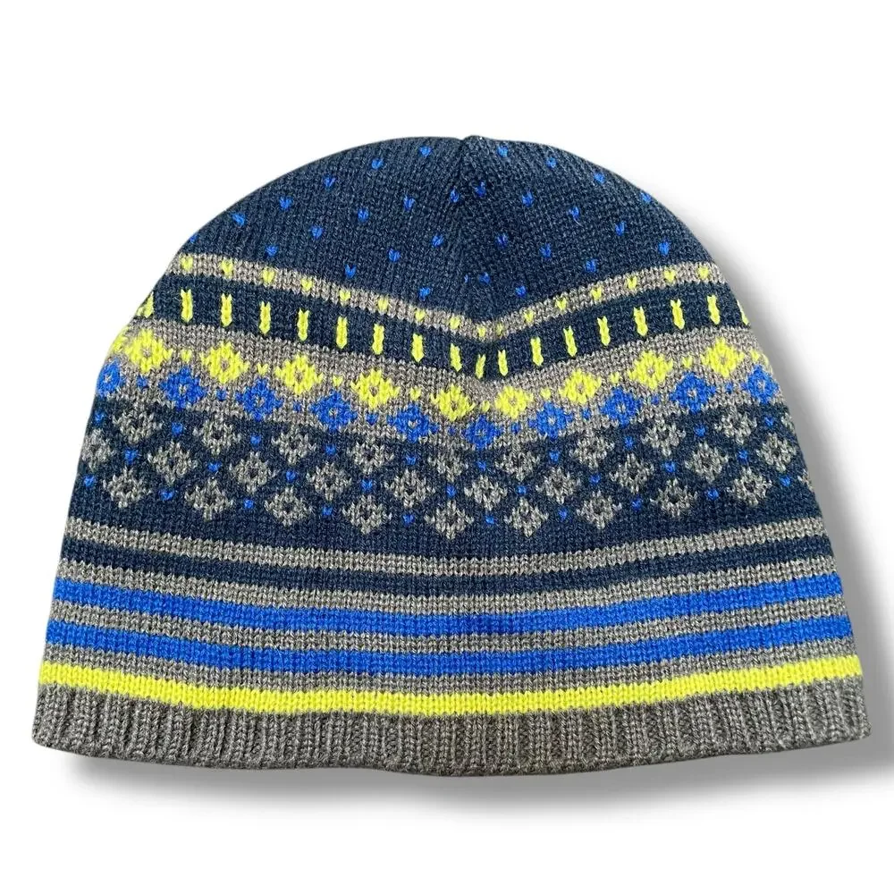 Lands End Kids Beanie Hat Medium Large Striped Blue Gray Knit Winter Cap Skull